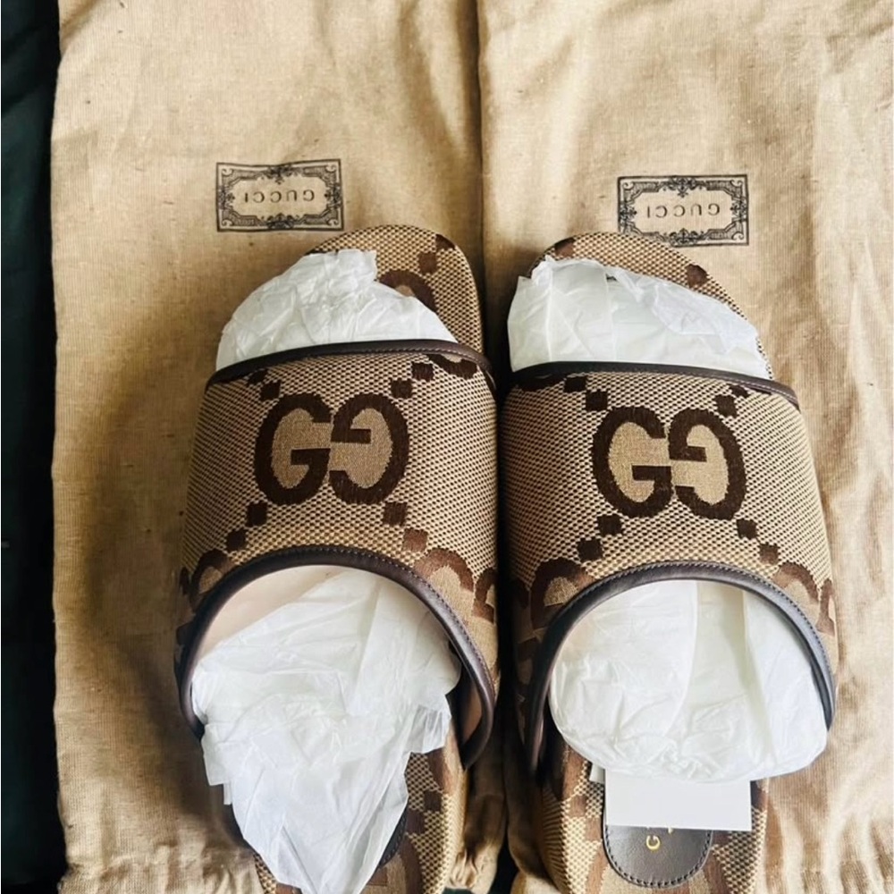 Gucci Beige and Brown Logo Slides